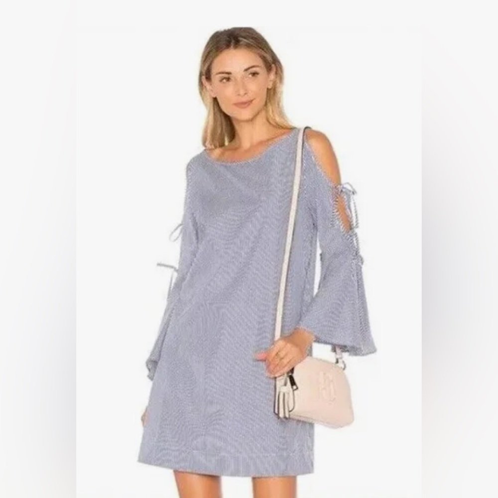 Avec Les Filles Blue/White Striped Tie Trumpet Sleeve Shift Dress Size S | NWOT